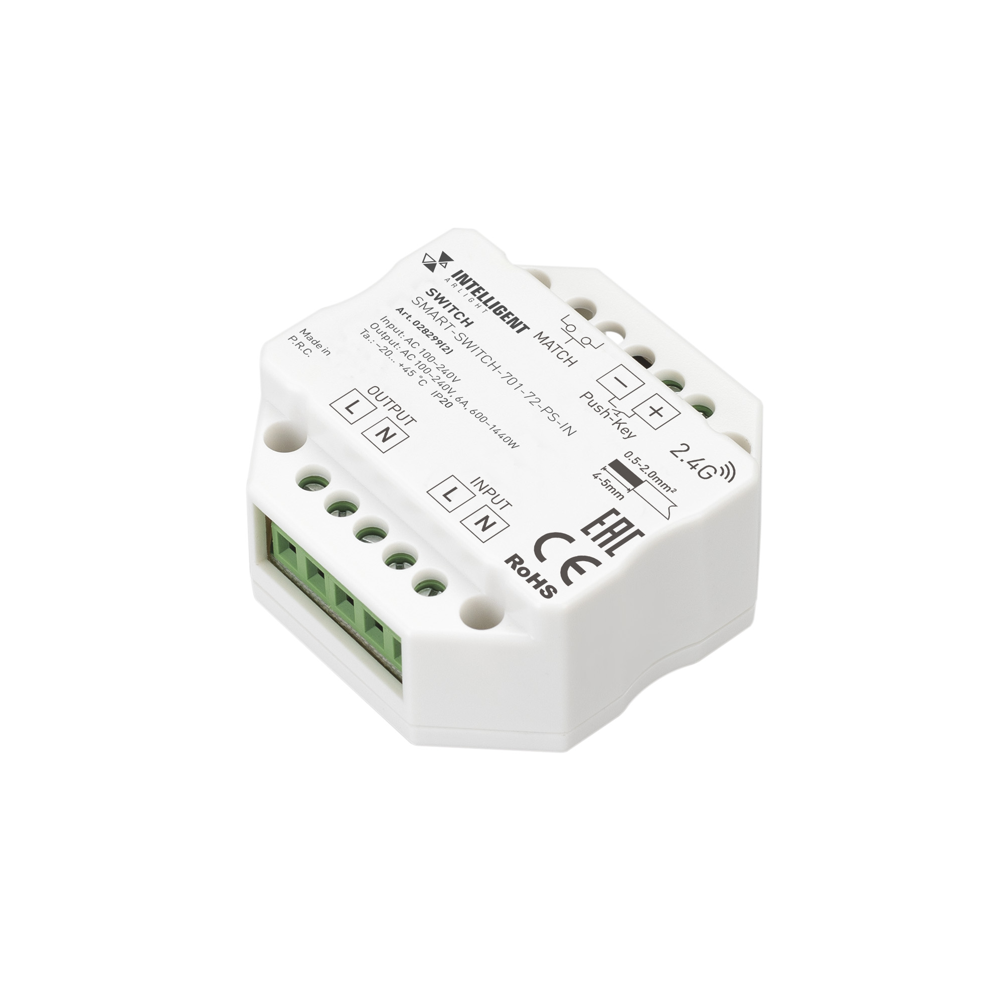 INTELLIGENT ARLIGHT Релейный модуль SMART-SWITCH-701-72-PS-IN (230V, 1x6A, 2.4G) (IARL, IP20 Пластик, 5 лет)