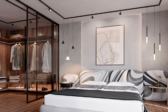 Эклектический минимализм в спальне с гардеробной